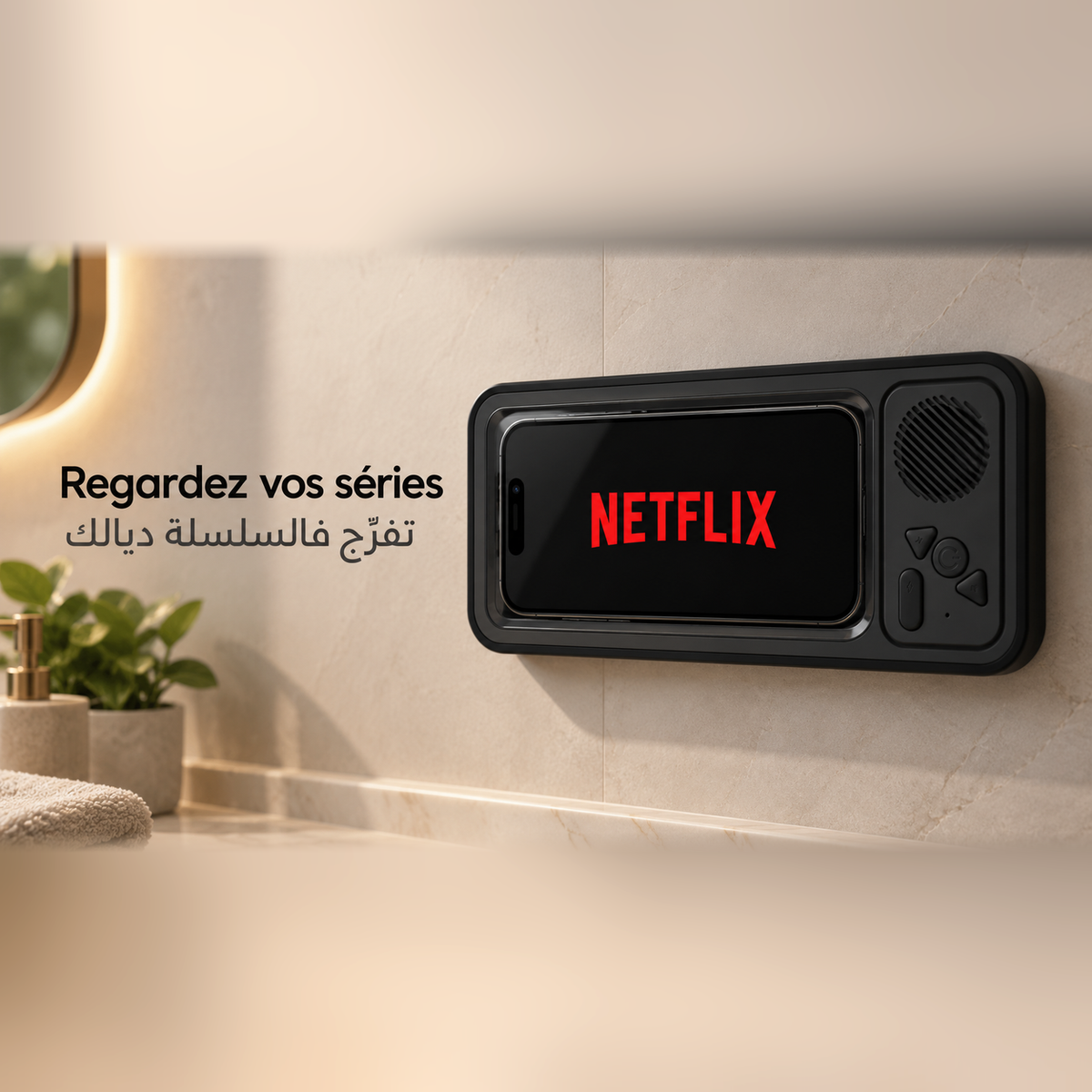 بوكس AQUA مثبّت على حائط الحمّام مع تليفون كيعرض Netflix